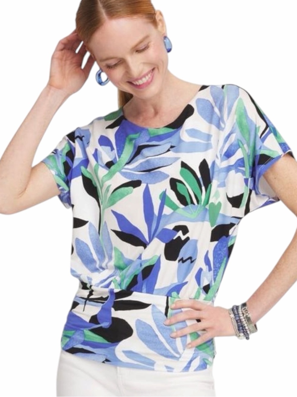 Chico’s touch of cool tropics Ruched Banded Hem Top In Purple blue Size large
